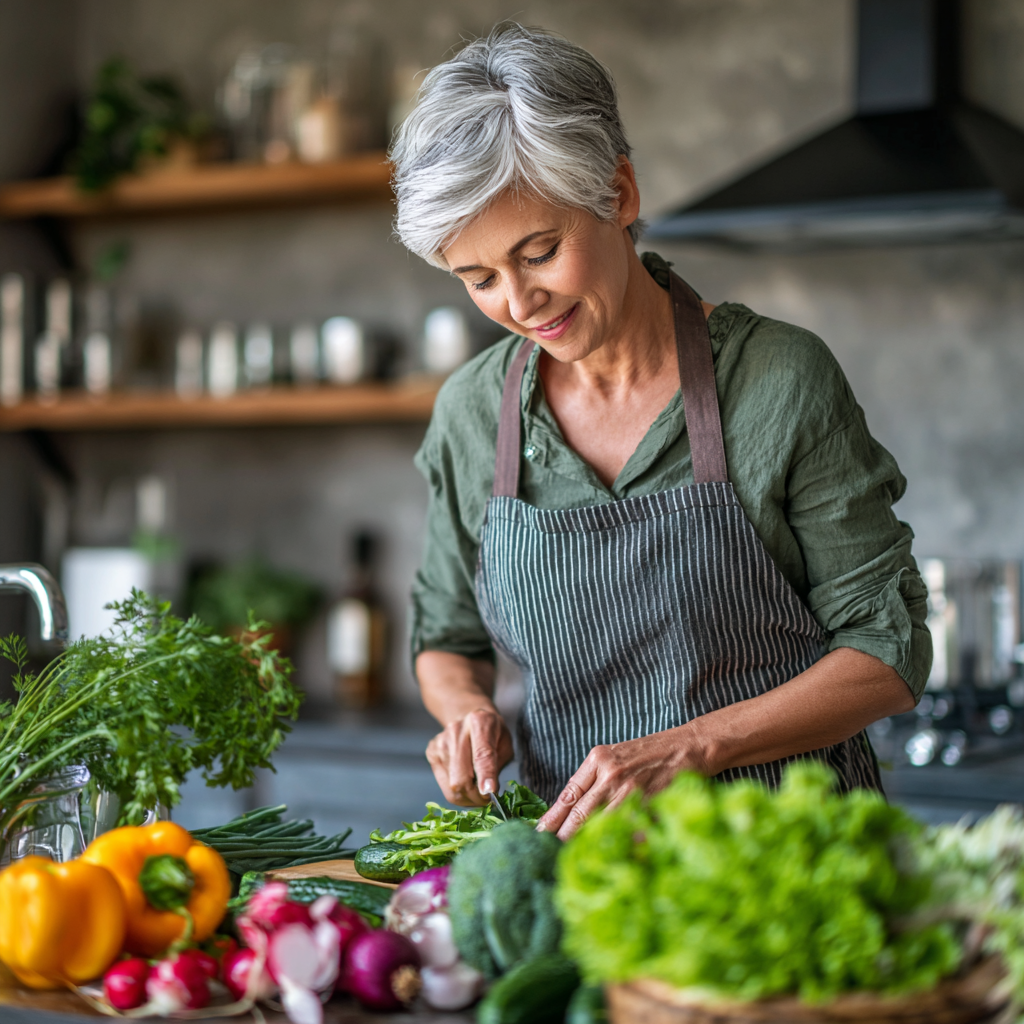 50 years old woman preparing fresh vegetables in modern kitchen