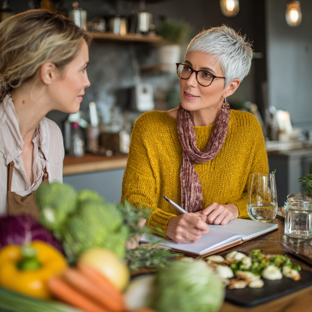 51 years old nutritionist consulting with senior adult client about healthy meal planning