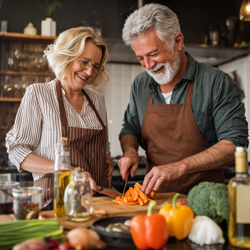 52 years old couple cooking together in bright kitchen preparing healthy meal