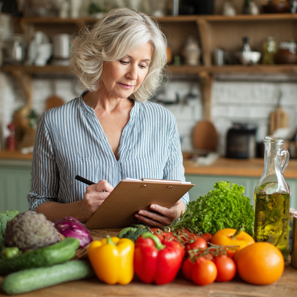 53 years old woman reviewing healthy meal plan at home with fresh ingredients